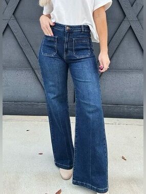 LTJ Letter To Juliet Bianca High Rise Wide Leg Patch Pocket Jeans Dark Wash 28